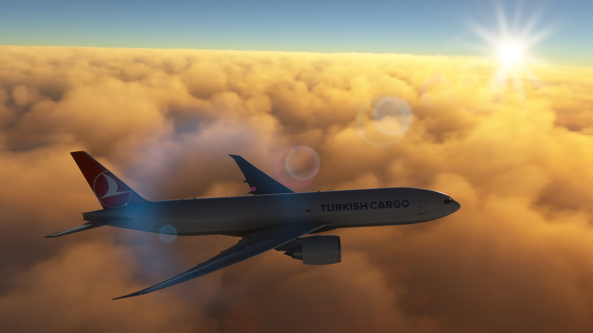 Turkish Cargo Boeing 777F flying above golden clouds