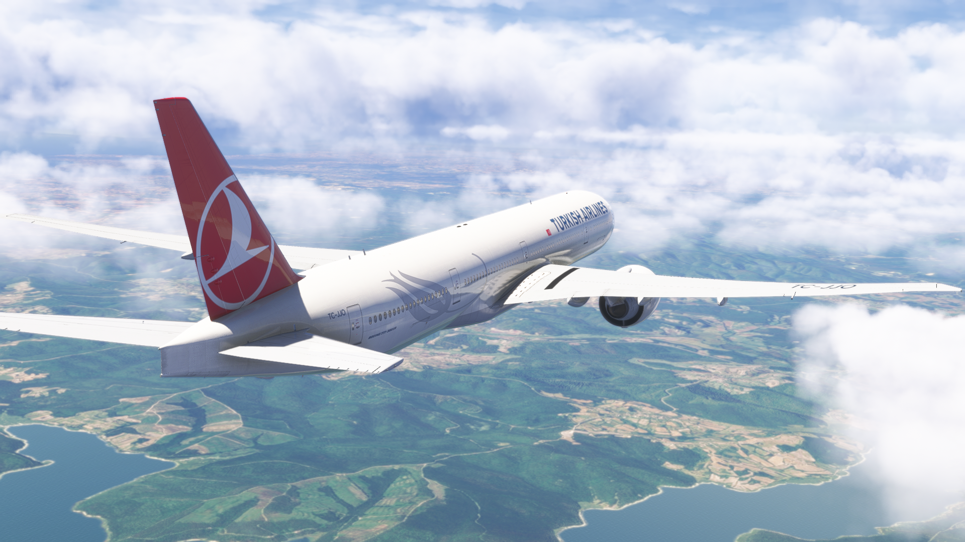 vTHY Boeing 777 climbing above the landscape